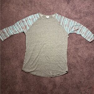 LuLaRoe Gray and Blue Striped Sleeve Men's Shirt
